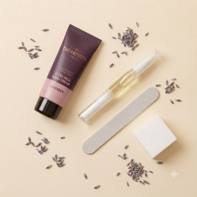 Lavender hand cream set arranged on a light beige background with scattered lavender buds. The set includes a dark purple squeeze tube of hand cream, a filled cuticle oil pen, a gray nail file, and a small white nail buffer.