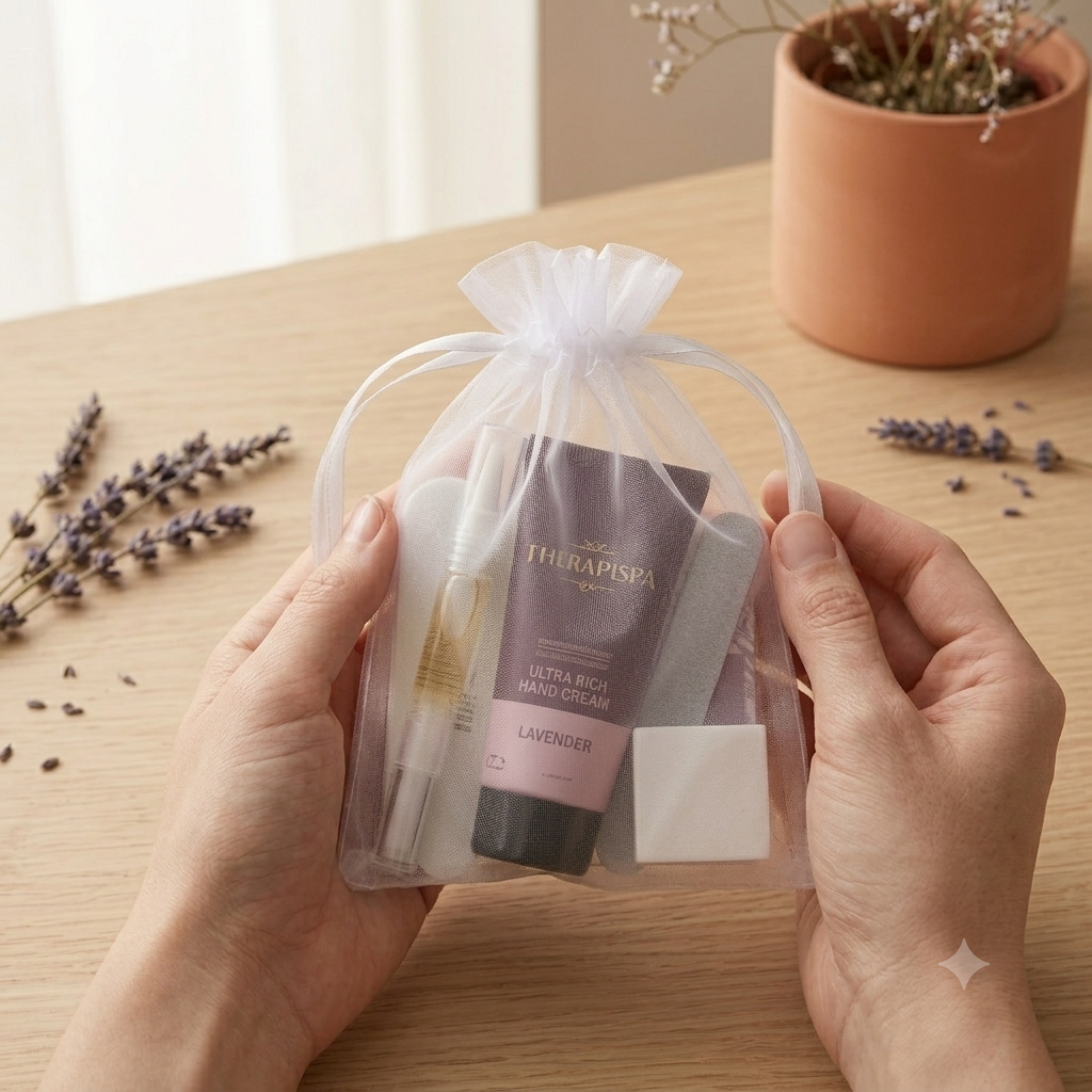 A clear organza gift bag held by two hands, containing a lavender hand cream tube, a cuticle oil pen, and nail buffer. The scene is set on a wooden table with dried lavender sprigs and a potted plant in the background.