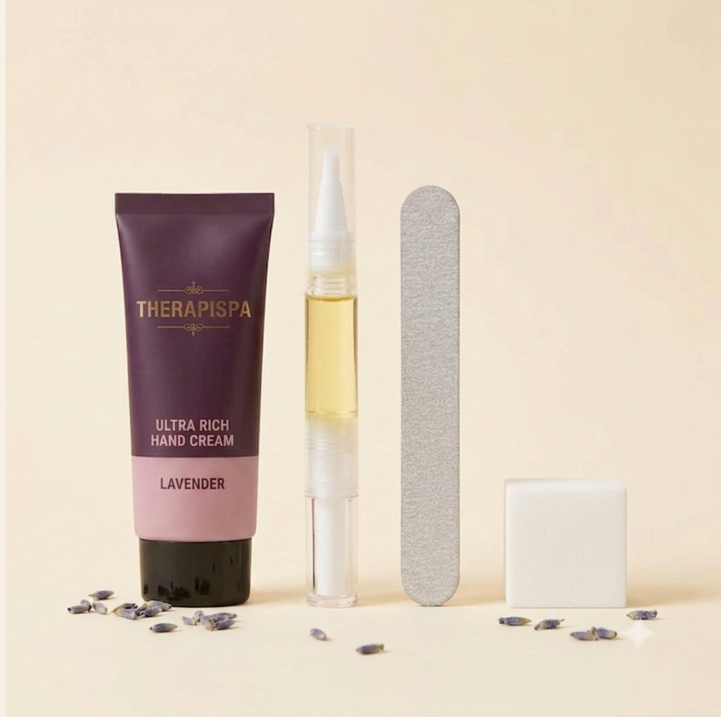 Lavender hand cream set on a warm beige background, featuring a dark purple and pink squeeze tube, a clear bottle of hand cream, a gray nail file, and a white soap bar with scattered lavender buds.