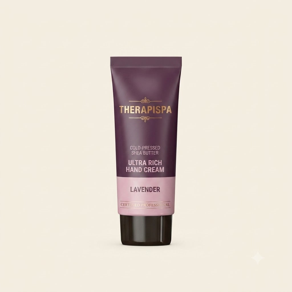 Lavender ultra rich hand cream tube on a beige background