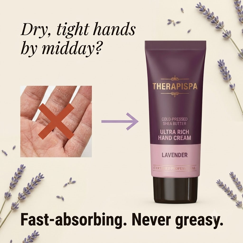 Lavender hand cream with text about dry, tight hands and product benefits.