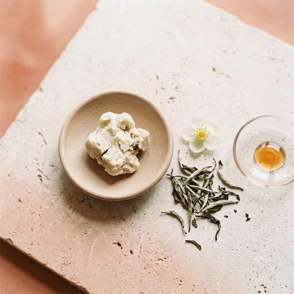 A styled flat-lay of a creamy off-white food product, likely a cheese or tofu block, presented in a small beige ceramic bowl alongside loose green tea leaves, a small white flower, and a glass of amber liquid on a textured stone surface.