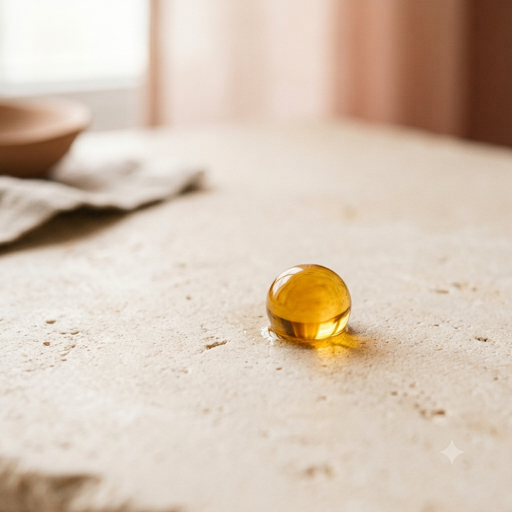 A small, round, transparent amber-yellow glass droplet on a textured beige stone surface with a softly blurred warm-toned background.