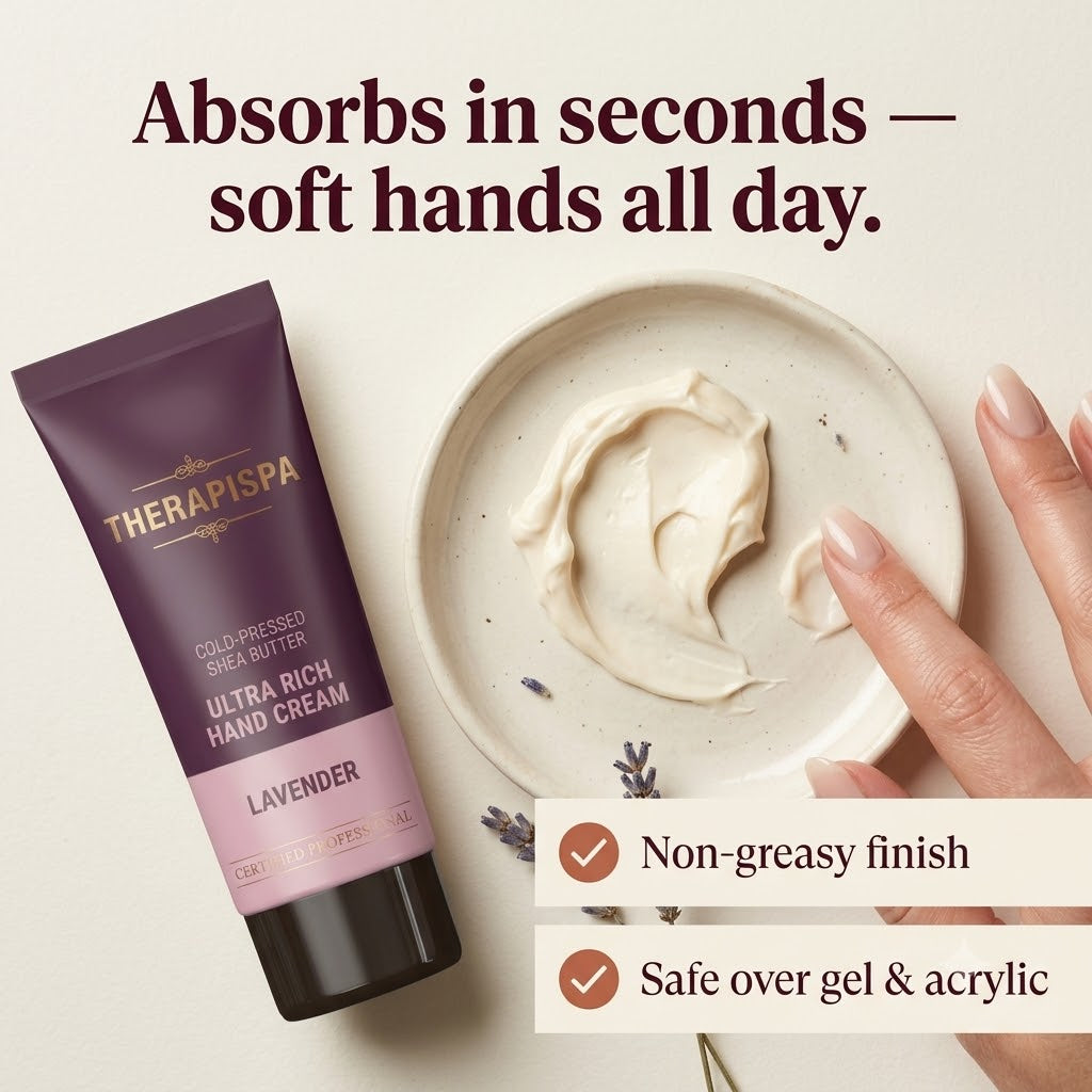 Lavender hand cream with a hand applying cream to a bowl, text highlighting benefits.
