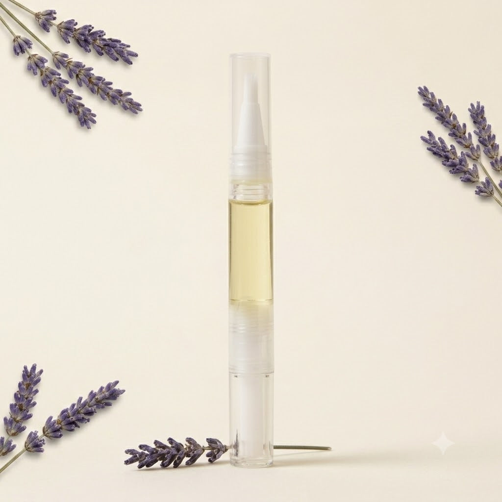 Horizon Nail & Spa lavender cuticle oil pen with dried lavender on a cream background