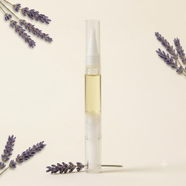 Horizon Nail & Spa lavender cuticle oil pen with dried lavender on a cream background