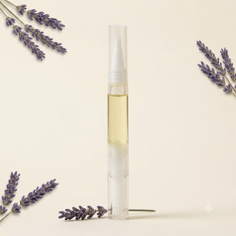 Horizon Nail & Spa lavender cuticle oil pen with dried lavender on a cream background