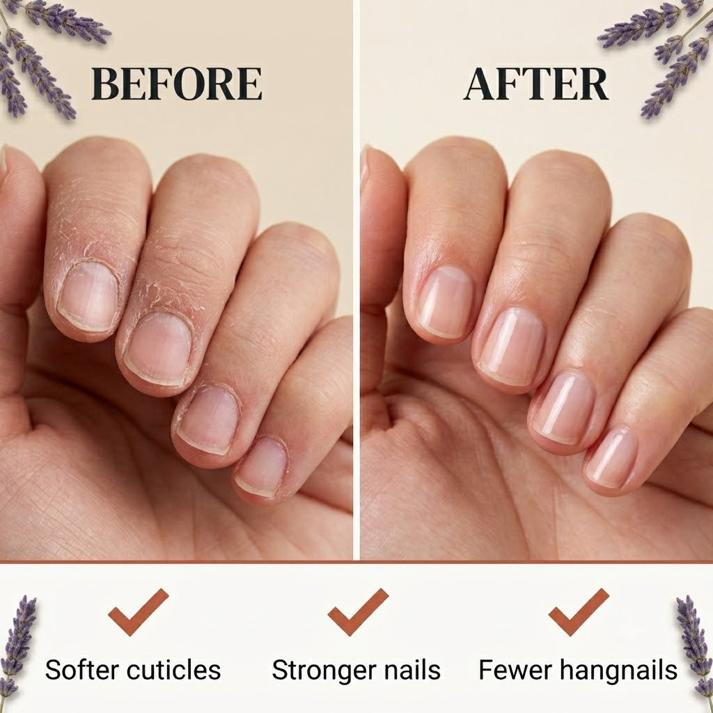 Before and after: dry, peeling cuticles become soft, healthy nails