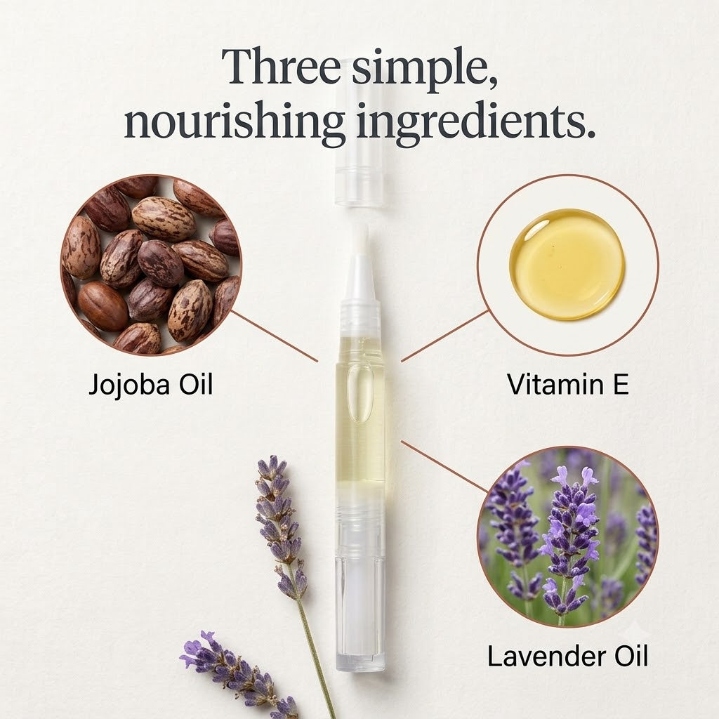 Three simple nourishing ingredients: jojoba oil, vitamin E, lavender oil