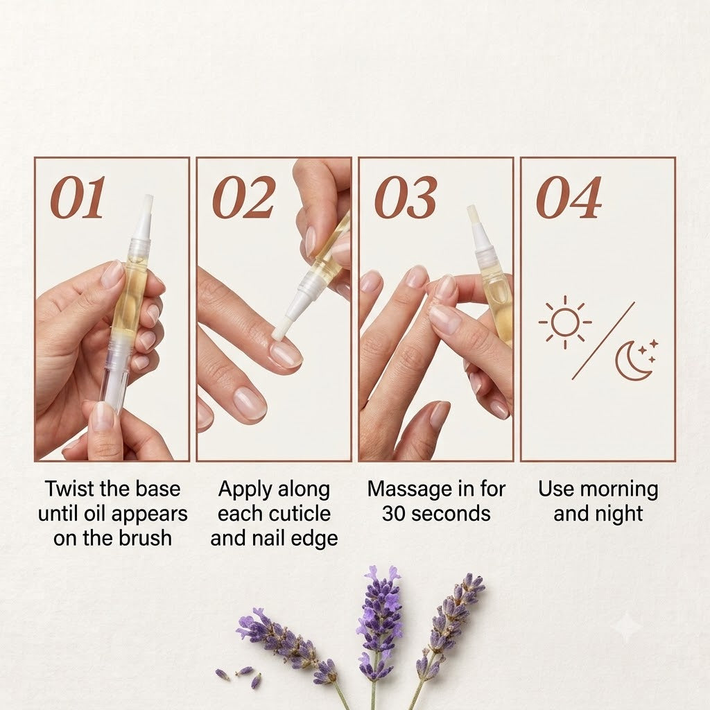 How to use the cuticle oil pen in four steps: twist, apply, massage, repeat morning and night