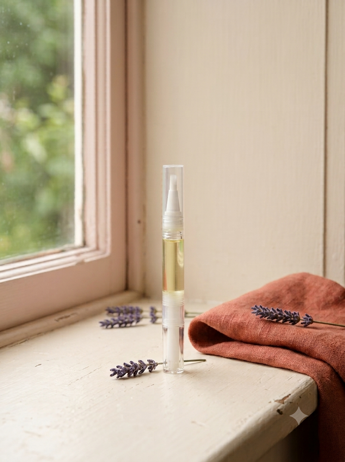 A clear spray bottle with a white nozzle and a small amount of pale yellow liquid inside, standing on a cream-colored windowsill next to a rust-orange linen cloth and lavender sprigs.