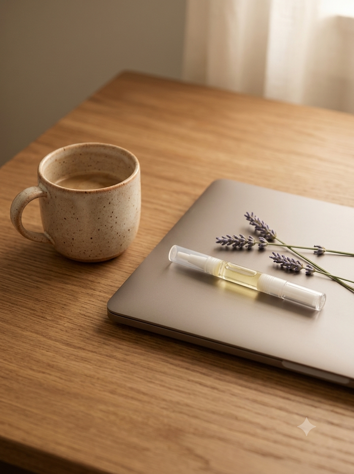 A clear cylindrical roller bottle containing a pale yellow liquid rests on a closed silver laptop, with dried lavender sprigs beside it and a speckled beige ceramic mug on a wooden table.