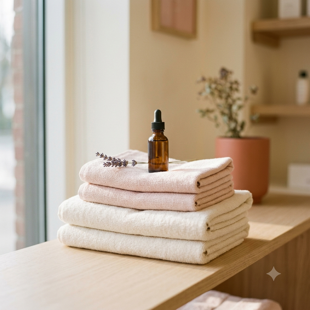 A stack of three folded cotton towels in soft blush pink and off-white sits on a light wood shelf below a small amber dropper bottle and a sprig of lavender, with a softly blurred indoor background.