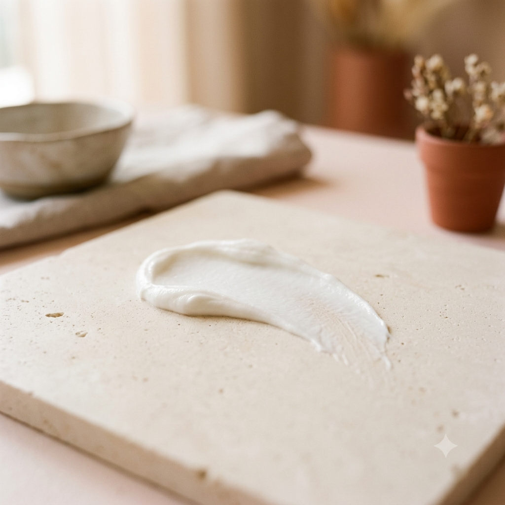 A thick, creamy off-white cosmetic cream or body butter swirled on a square beige stone slab, with a softly blurred warm-toned background containing a small potted plant and a ceramic bowl.