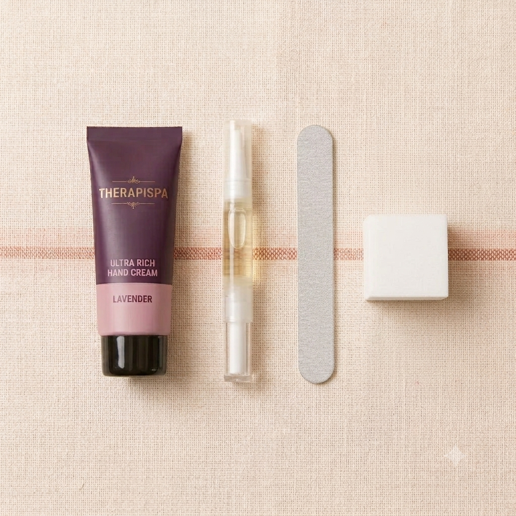 A flat-lay of a lavender hand cream tube alongside a cuticle oil pen, a nail file, and a nail buffer, arranged on a textured beige linen background.