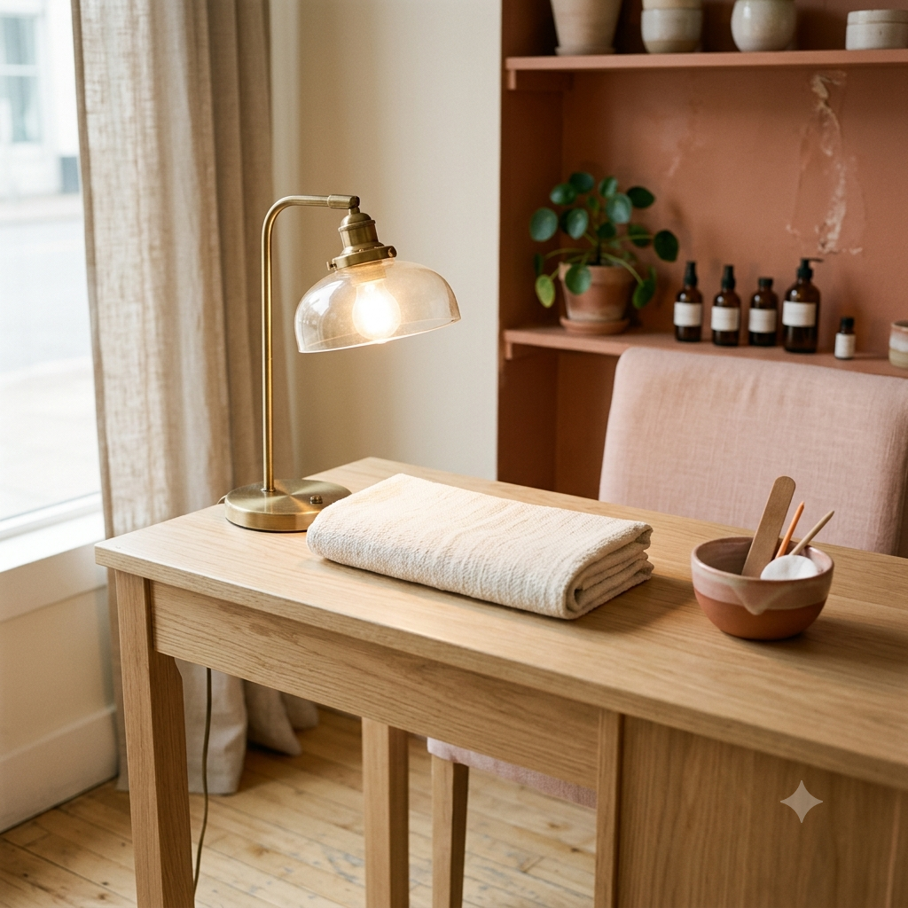 A brass desk lamp with a clear glass shade sits on a light wood desk next to a folded cream linen cloth and a small bowl, in a softly lit room with a pink chair and shelves in the background.