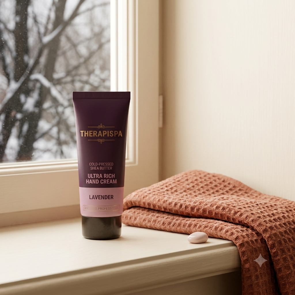A tube of lavender hand cream stands on a windowsill next to a folded rust-colored textured blanket, with a snowy window in the background.