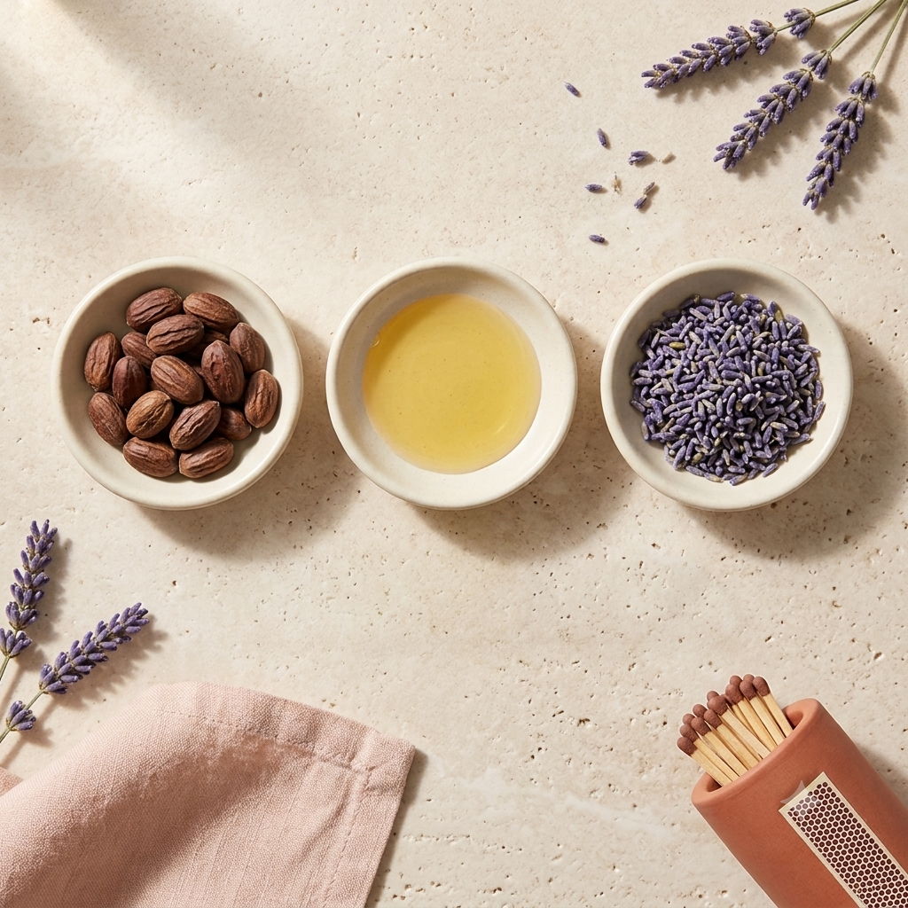 Three small white bowls arranged on a light stone surface: one with brown cacao beans, one with pale yellow oil, and one with dried lavender buds. Lavender sprigs, a pink cloth, and a terracotta matchbox with wooden matches are placed around them in a styled flat-lay composition.