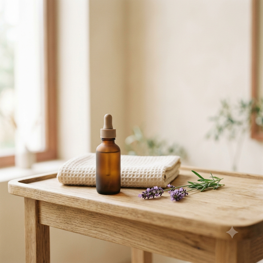 An amber glass dropper bottle stands on a light wood table next to a folded cream towel, with small purple flowers in the foreground. The scene is softly lit and set in a real indoor environment with blurred plants and a window in the background.